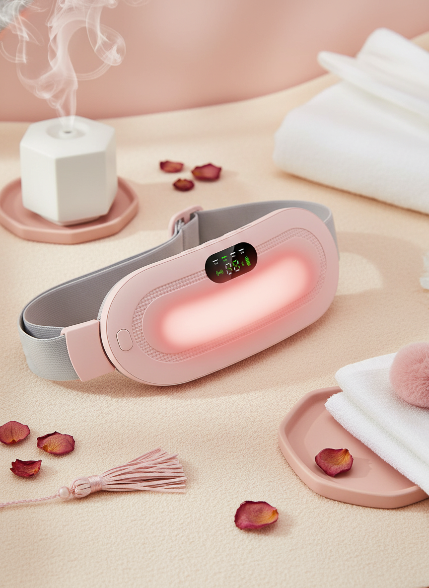 A sleek, portable vibrating menstrual heating pad rests on a warm cream fabric, with soft rose and bright white accents.