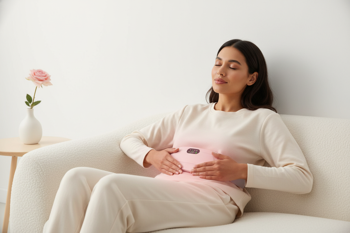 Woman relaxing on a cream sofa, gently holding a glowing Vibrating Menstrual Heating Pad over her lower abdomen.